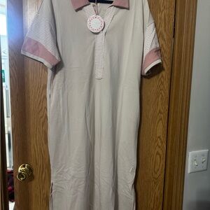 Umgee Beige Collar Shirt Dress with Dusty Rose Accents